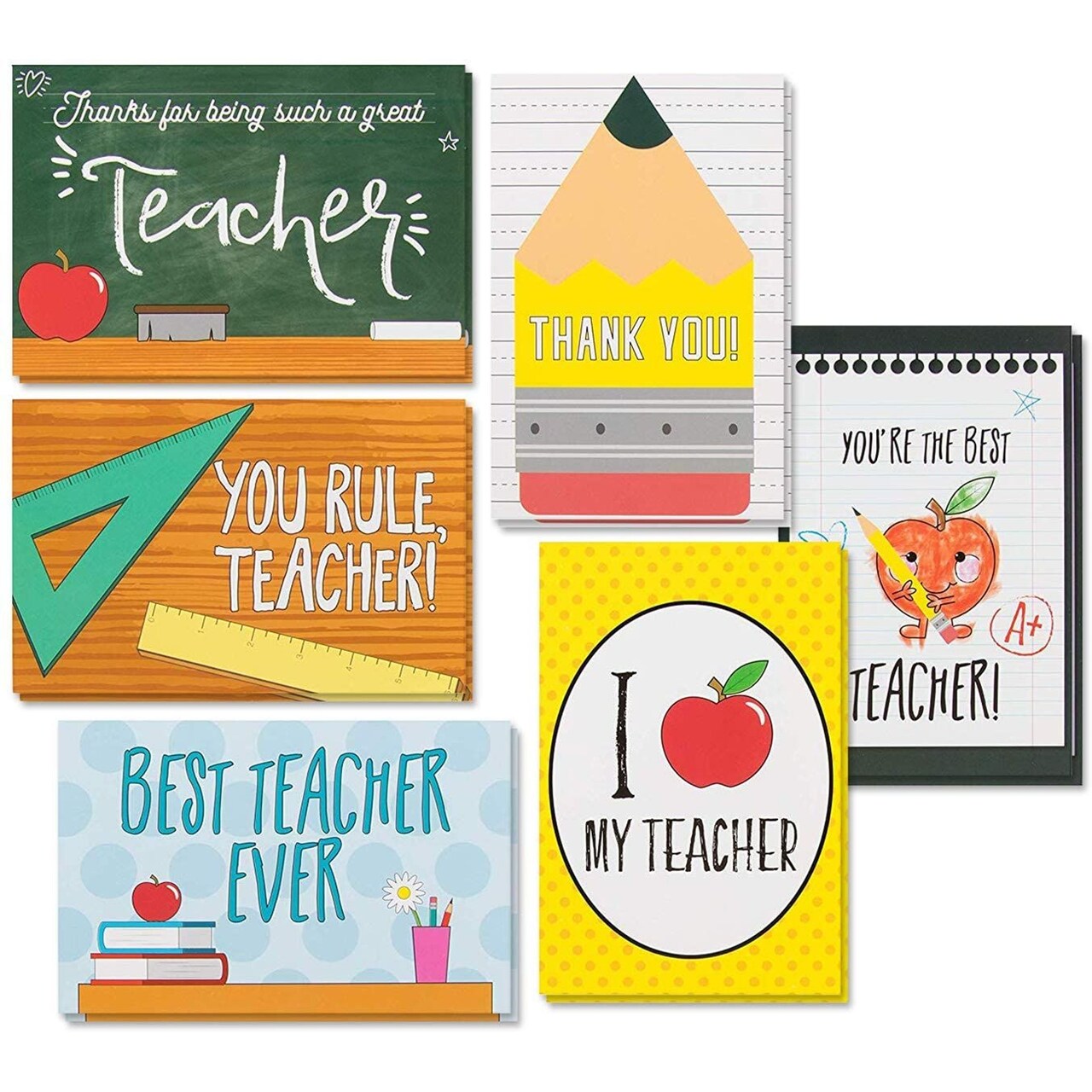 48 Pack Teacher Appreciation Cards 4x6, Thank You Gift Cards with Envelopes for Preschool, Kindergarten, Elementary (6 Designs)